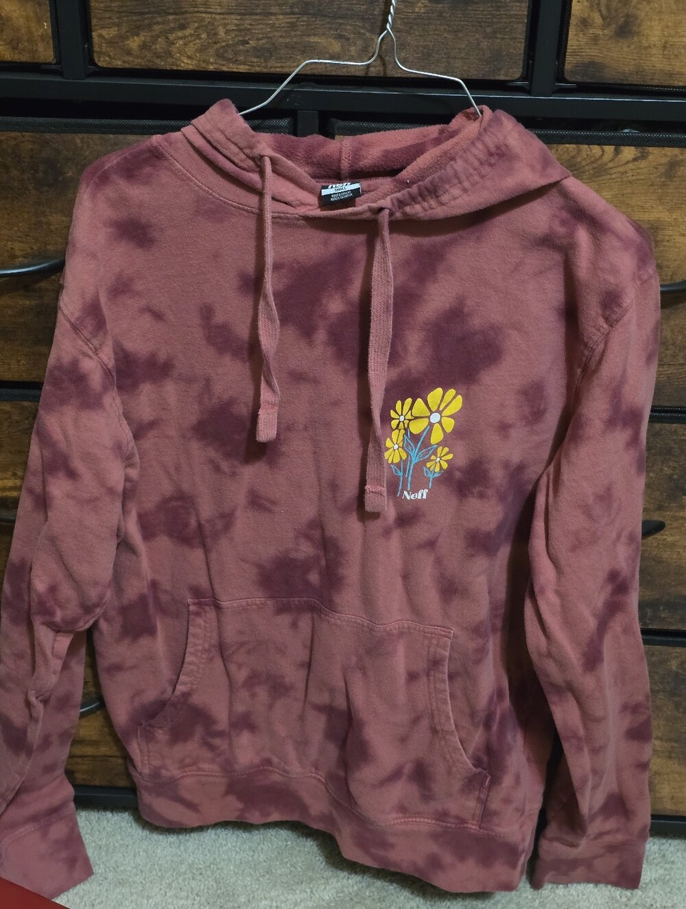Neff Women's Tie-Dye Maroon Pullover Hoodie with Yellow Floral Graphic